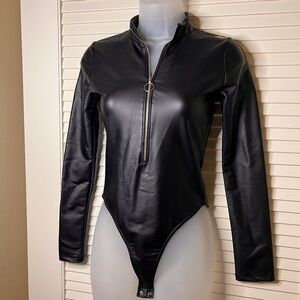Forever 21 Faux Leather Long-Sleeve Bodysuit | Size: S